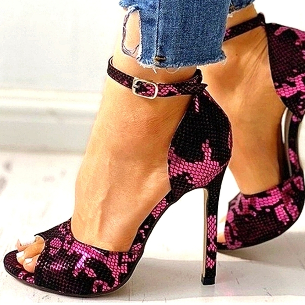Elegant Pink and Black Peep-Toe Stiletto Heels